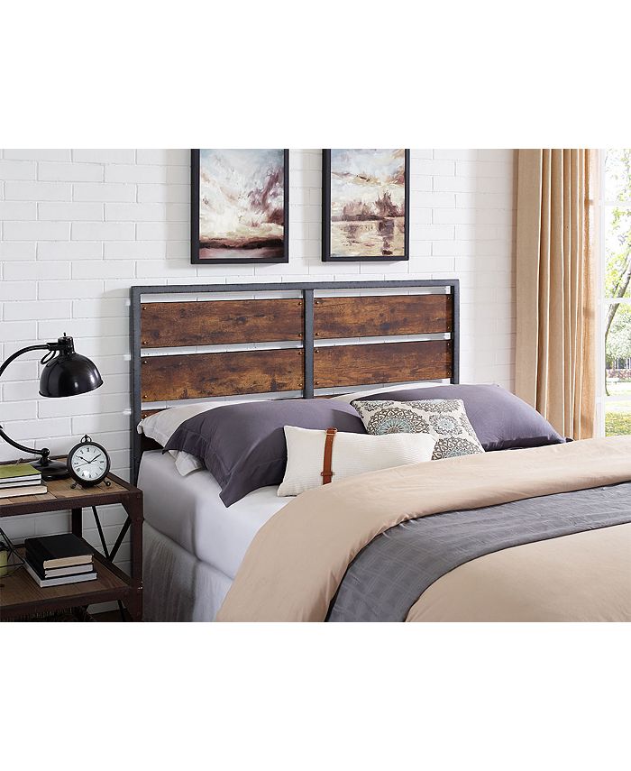 Walker Edison Queen Size Metal and Wood Plank Panel Headboard Brown