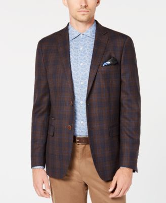Tallia - Men's Big & Tall Slim-Fit Brown/Navy Plaid Sport Coat