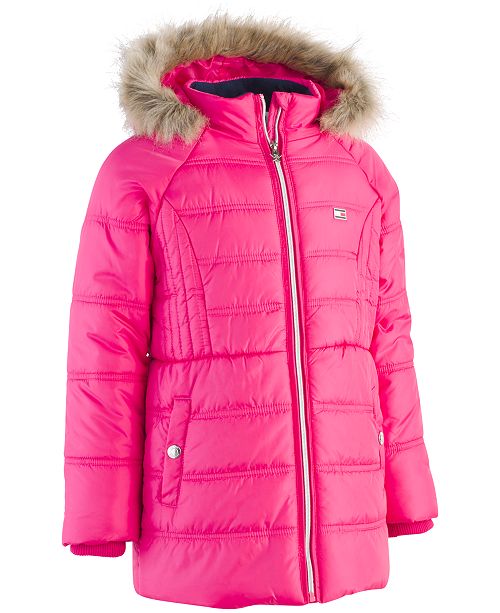 Tommy Hilfiger Big Girls Hooded Puffer Jacket with Faux-Fur Trim ...