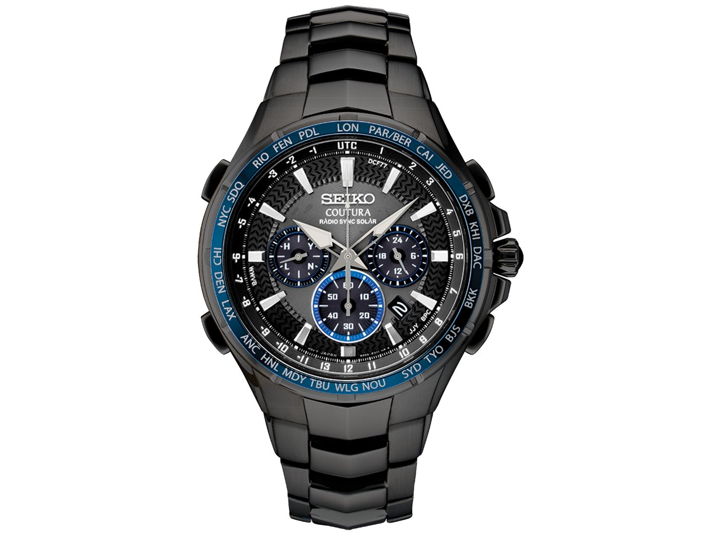 Мужские часы Seiko Radio Sync Solar Chronograph Coutura Black Stainless Steel Bracelet Watch 44.5mm — фото 1