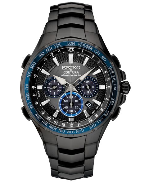 Мужские часы Seiko Radio Sync Solar Chronograph Coutura Black Stainless Steel Bracelet Watch 44.5mm