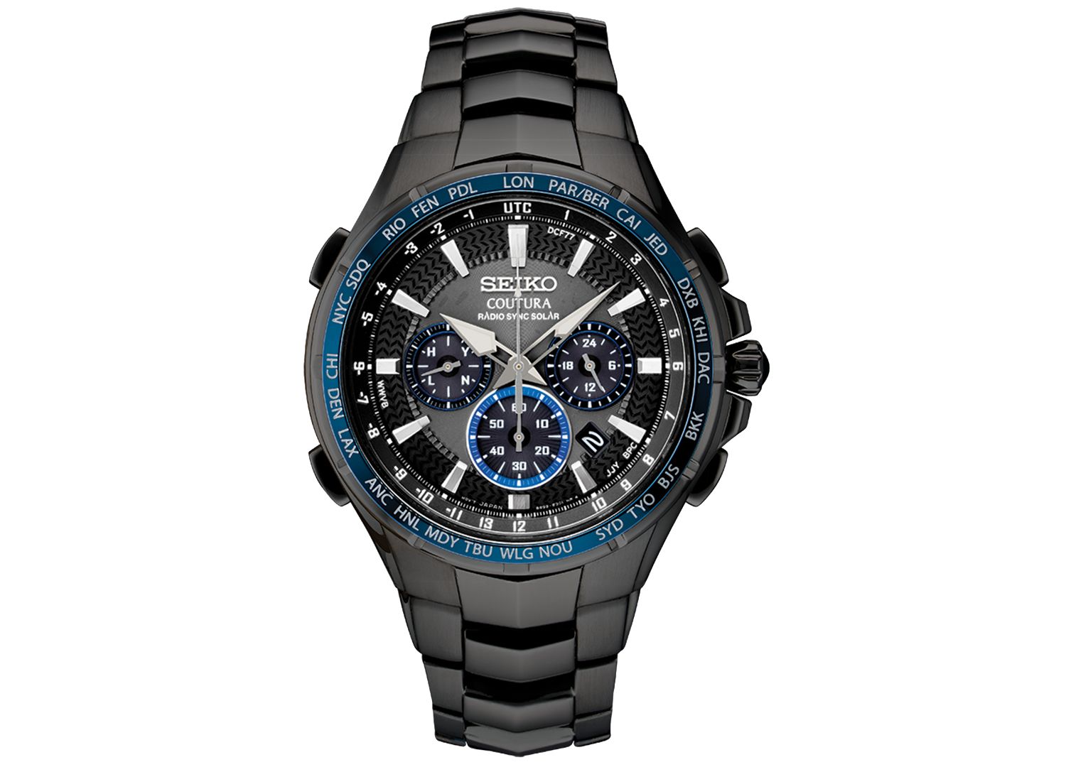 Men's Radio Sync Solar Chronograph Coutura Black Stainless Steel Bracelet Watch 44.5mm