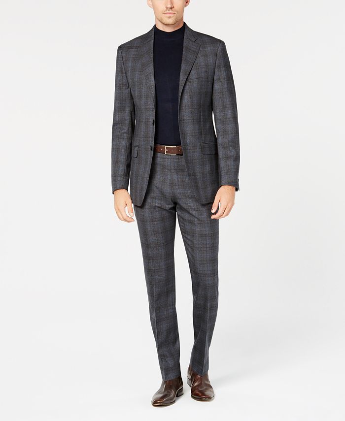 Calvin Klein Men's SlimFit Stretch Charcoal/Blue Plaid Suit Macy's