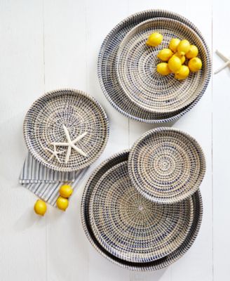 Two's Company - Set of 6 Nested Woven Trays in Blue, Natural