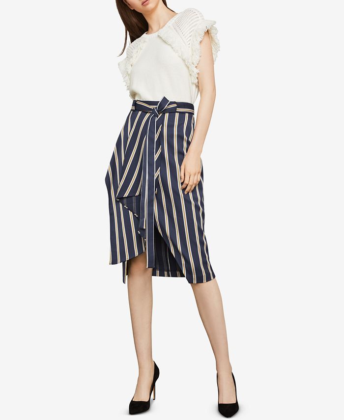 BCBGMAXAZRIA Women's Striped Asymmetrical Midi Skirt - Flowy A-Line Skirt With Waist Tie