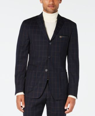 Tallia - Men's Slim-Fit Navy/Brown Windowpane Wool Suit Jacket