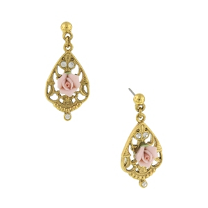 image of 2028 Gold-Tone Crystal and Pink Porcelain Rose Filigree Drop Earrings