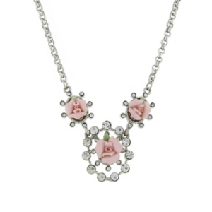 image of 2028 Silver-Tone Crystal and Pink Porcelain Rose Necklace 16