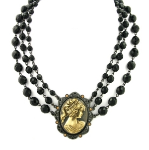 image of 2028 Black-Tone and Gold-Tone Triple Strand Cameo Necklace 16