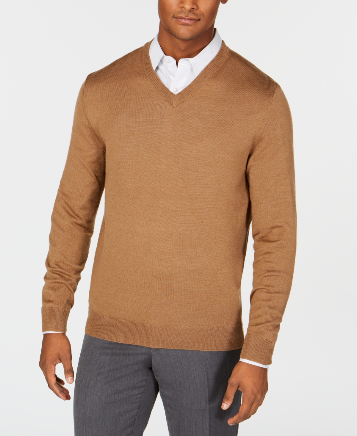 Club Room Men's Solid V-neck Merino Wool Blend Sweater, Created For Macy's In Fawn Heather