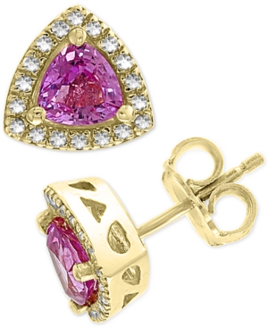 image of Effy Pink Sapphire (1-1/8 ct. t.w.) & Diamond (1/8 ct. t.w.) Trillion Stud Earrings in 14k Gold