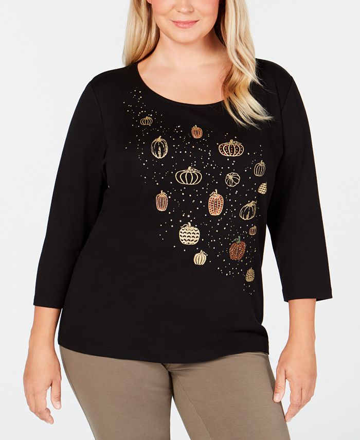 Karen Scott Plus Size Halloween Embellished Pumpkin Cotton Top