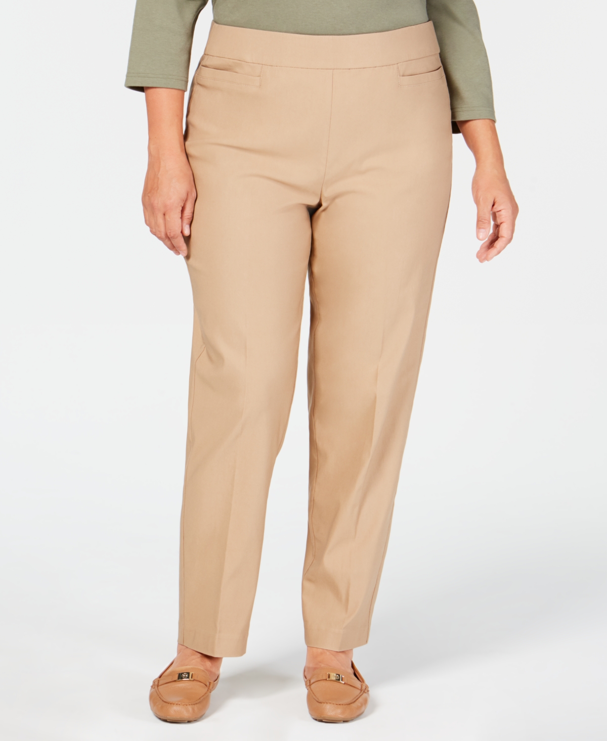 Alfred Dunner Plus Allure Womens Tummy Slimming Modern Fit Trouser Pants In Tan