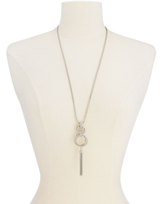 Alfani - Silver-Tone Pav&eacute; Hoop & Chain Tassel Pendant Necklace, 28" + 2" extender
