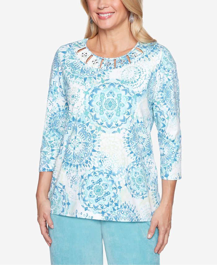 Alfred Dunner Petite Simply Irresistible Cut-Out Printed Top - Macy's
