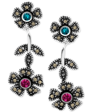 image of Crystal & Marcasite Flower Drop Earrings in Fine Silver-Plate