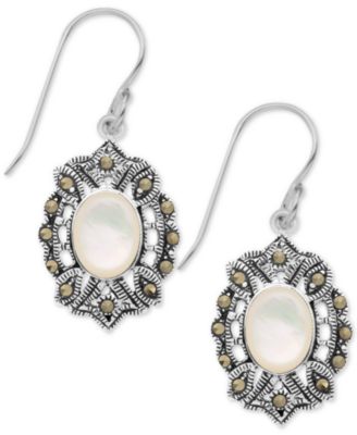Macy's - Mother-of-Pearl & Marcasite Oval Drop Earrings in Fine Silver-Plate
