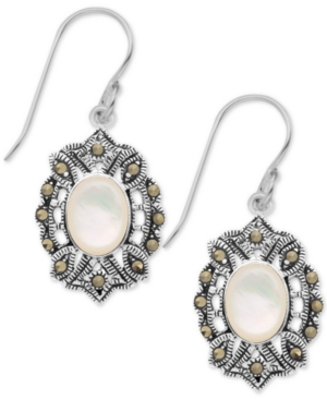 image of Mother-of-Pearl & Marcasite Oval Drop Earrings in Fine Silver-Plate