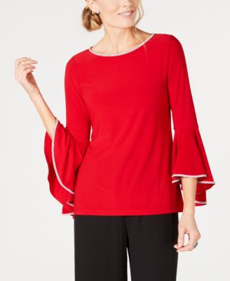 MSK - Rhinestone-Trim Bell-Sleeve Top