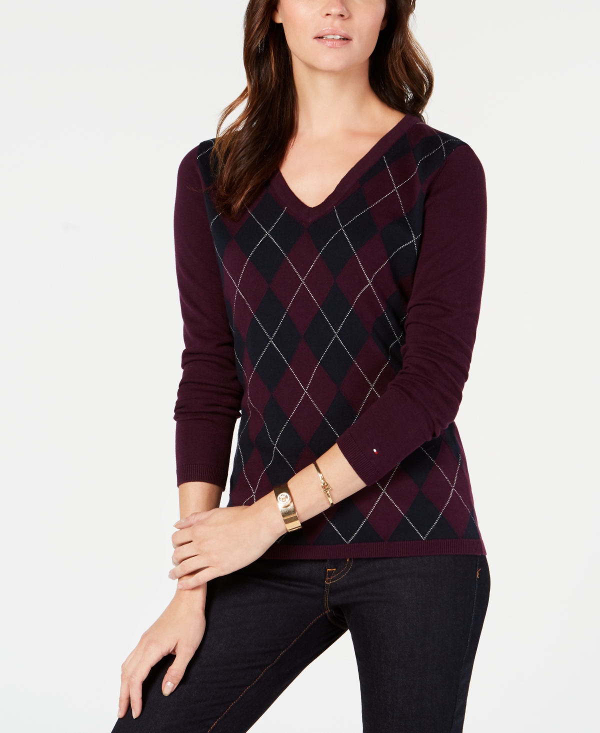 Tommy Hilfiger Women's Cotton Argyle V-Neck Sweater -sky Ca