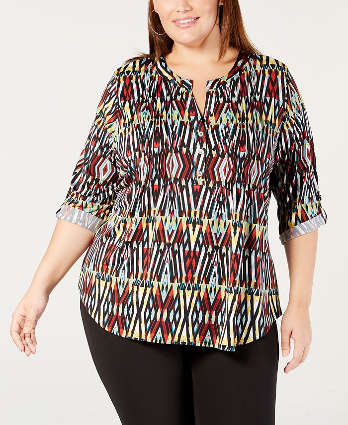 NY Collection Plus Size Printed Utility Shirt Macy's
