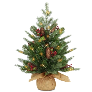 National Tree Company 2' Feel Real(R) Nordic Spruce Small Tree with Cones & Red Berries in Burlap with 50 Warm White Led Lights wandTimer