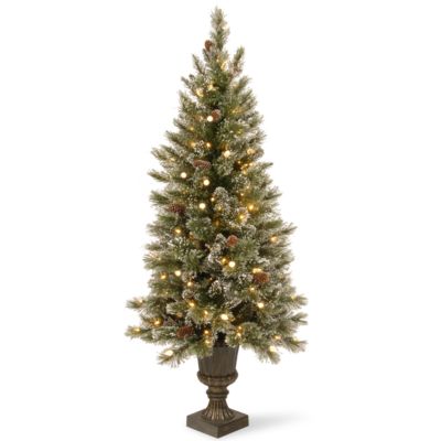 National Tree Company - National Tree 5' Glittery Bristle Pine Entrance Tree with White Tipped Cones in a Dark Bronze Plastic urn with 150 Soft White LED Lights with C7 Diamond Caps