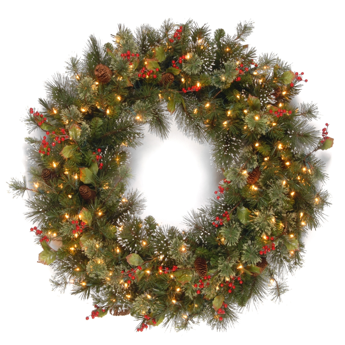 National Tree Company 30" Wintry Pine Wreath with Cones, Red Berries, Snowflakes and 100 Clear Lights