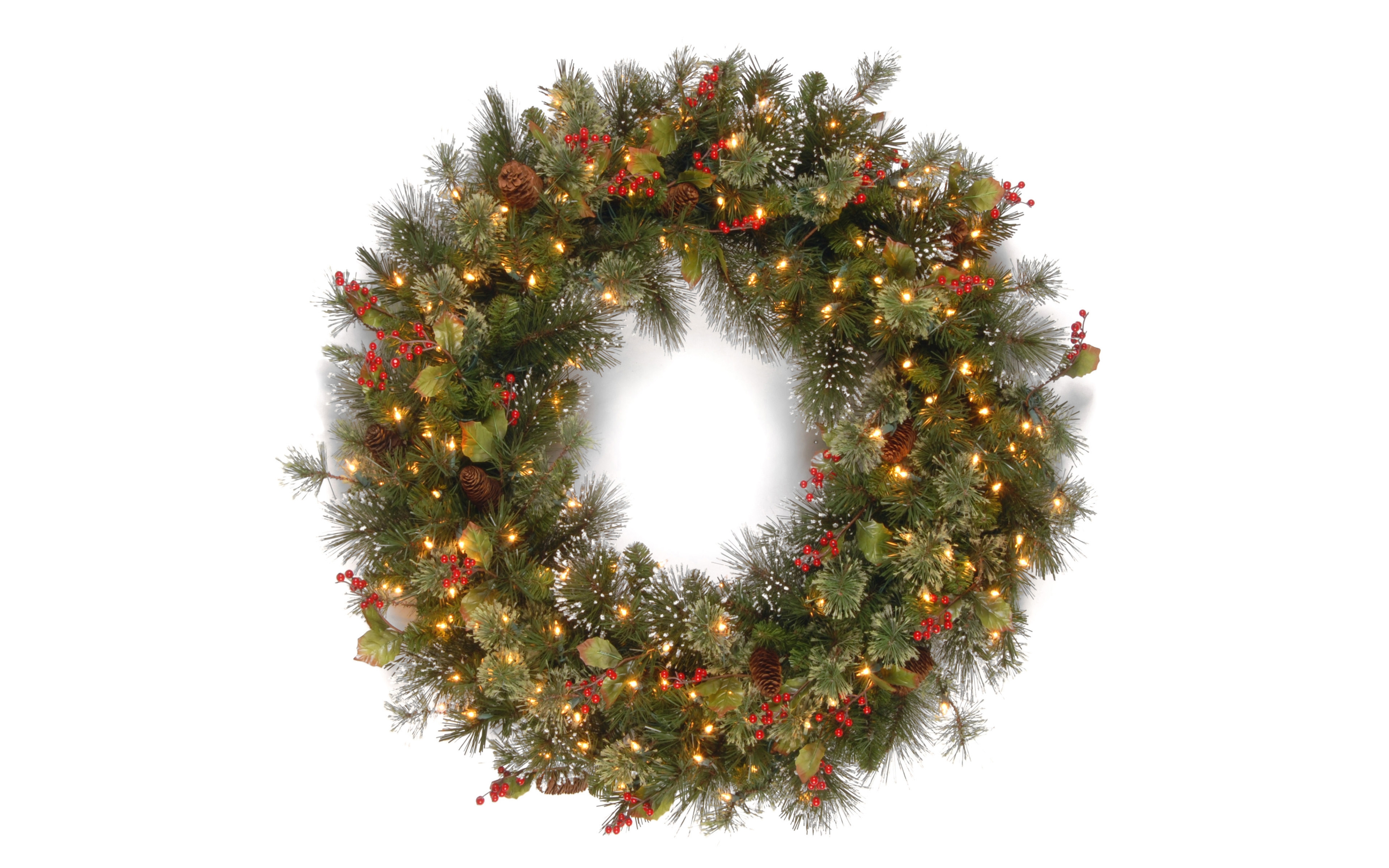 National Tree Company 30" Wintry Pine Wreath with Cones, Red Berries, Snowflakes and 100 Clear Lights