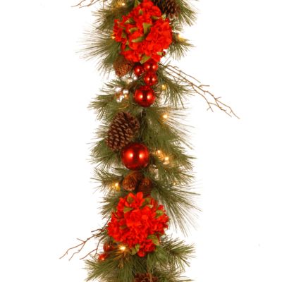 National Tree Company - National Tree 9' x 12" Decorative Collection Hydrangea Garland with Cones, Red Berries and 50 Soft White Battery Operated LEDs with Timer