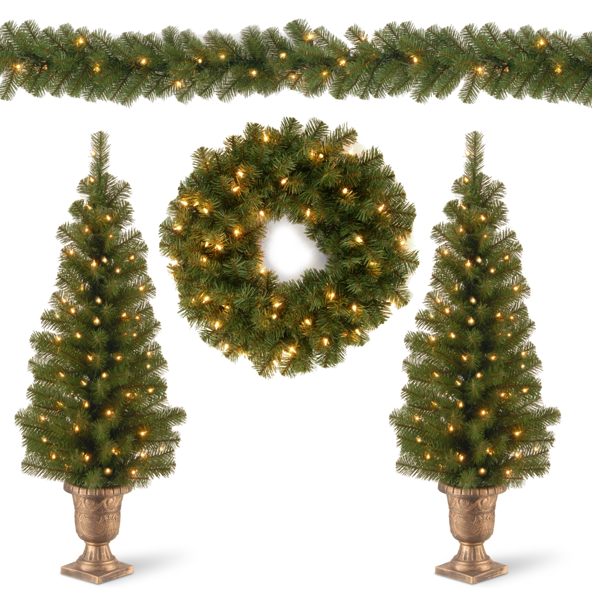 2x4' Entrance Trees in Black/Gold Pot w Clear Lts, 24" Wreath w/Warm White Lts, 9'x8" Garland w/Clear Lts - Green