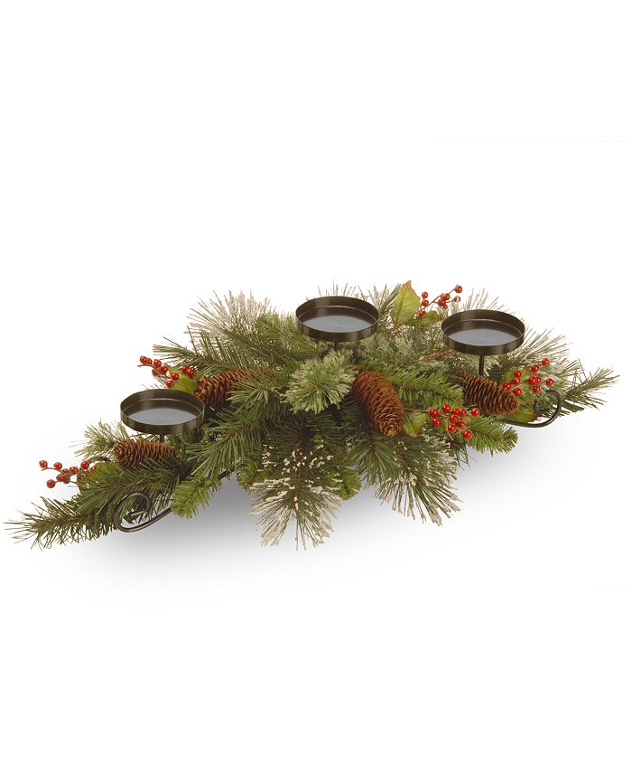 National Tree Company - 30" Wintry Pine Collection Centerpiece w/3 Candle Holders with Cones, Red Berries & Snowflakes