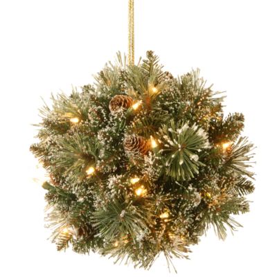 National Tree Company - National Tree 12" Glittery Bristle Pine Kissing Ball with Pine Cones and 35 Warm White LED Battery Operated Lights with Timer