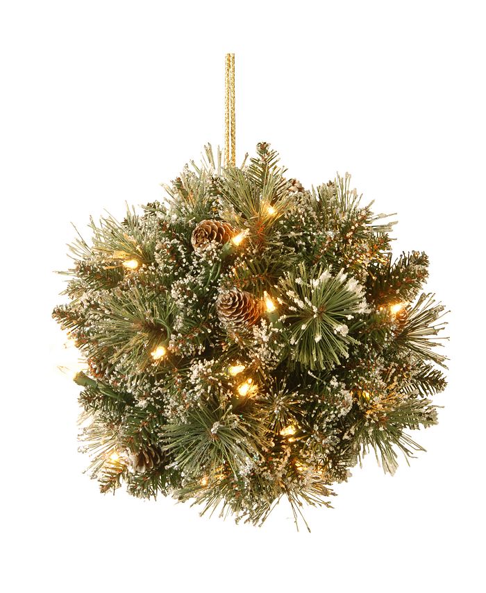 National Tree Company - National Tree 12" Glittery Bristle Pine Kissing Ball with Pine Cones and 35 Warm White LED Battery Operated Lights with Timer