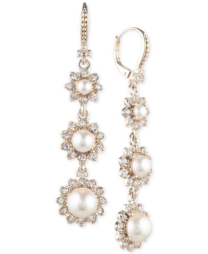 Marchesa - Gold-Tone Imitation Pearl & Crystal Triple Drop Earrings