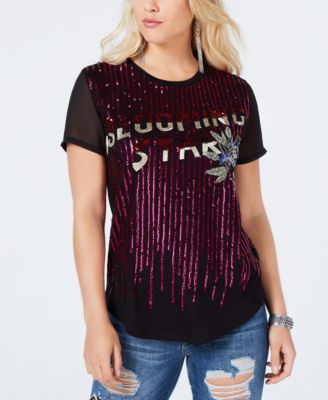 GUESS Embroidered Graphic Sequin Top