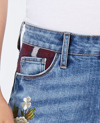 Plaid Distressed Jeans with Pockets