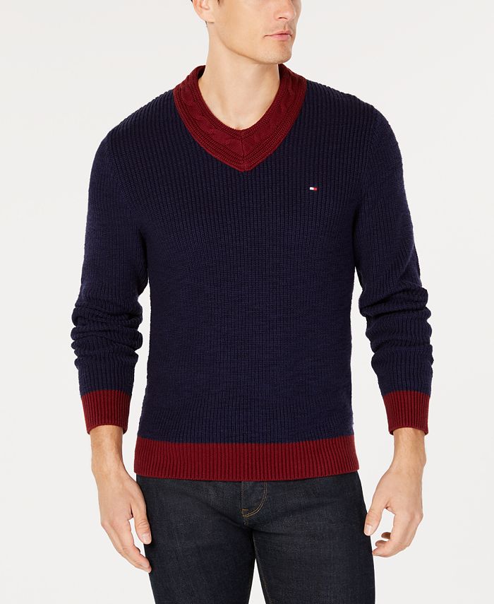 Tommy Hilfiger Men's Vince Colorblocked Cable-Knit V-Neck Sweater ...