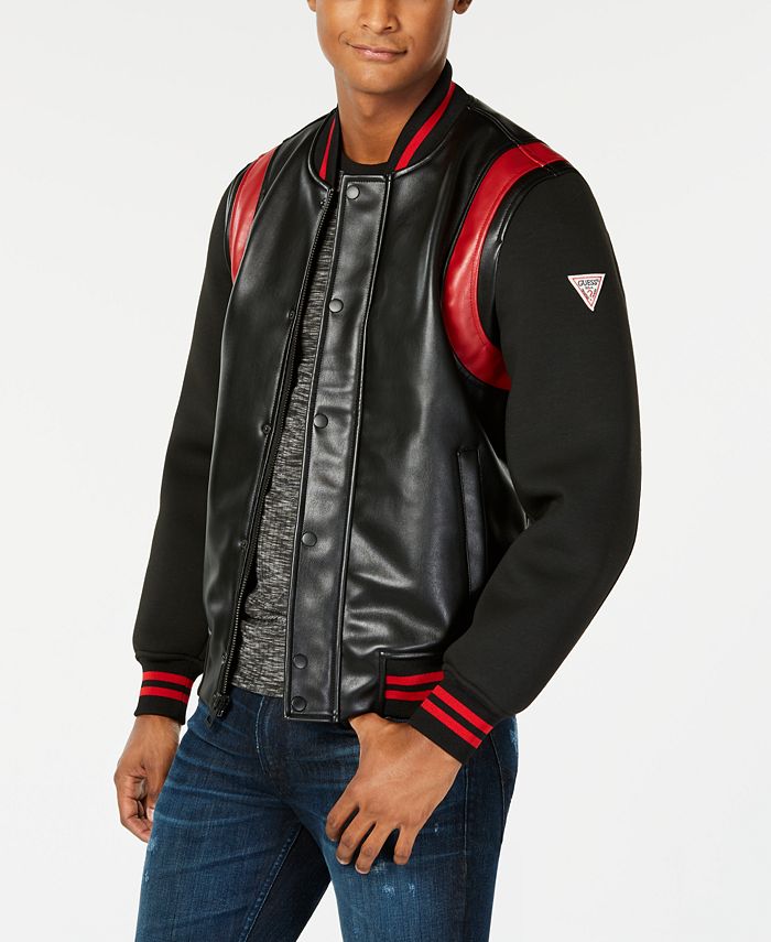 pacífico pollo Arriba GUESS Men's Colorblocked Mix-Media Faux-Leather Logo Bomber Jacket - Macy's