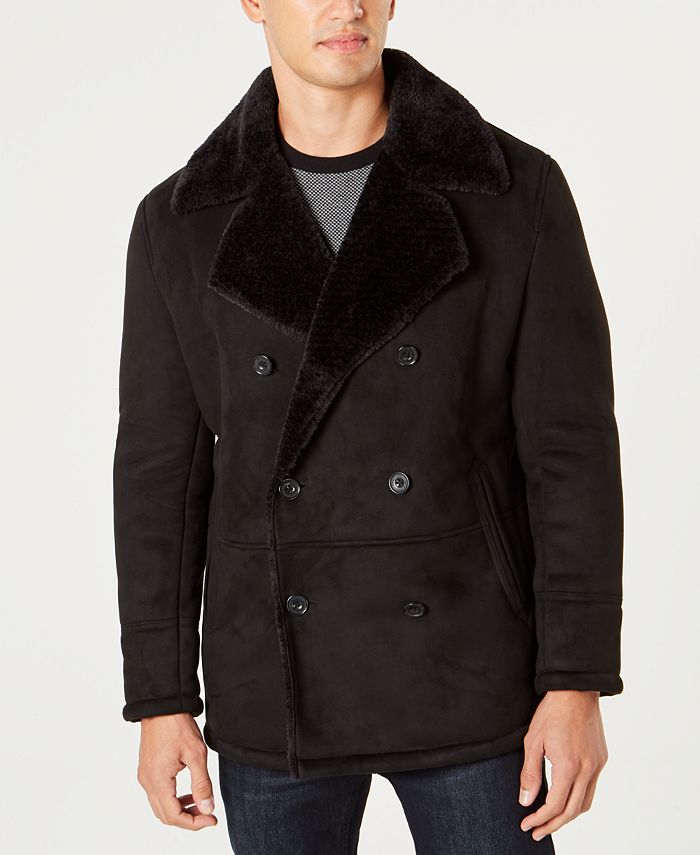 Kenneth Cole Men's Faux Sherpa Collar Double-Breasted Pea Coat - Macy's