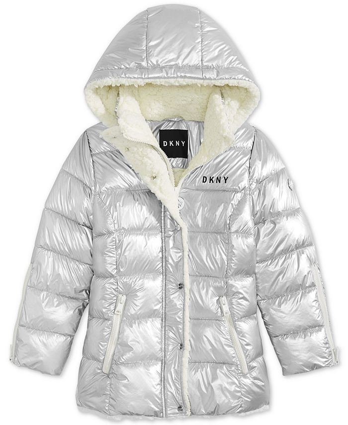 DKNY Big Girls Hooded Puffer Jacket With Faux-Sherpa Trim - Macy's