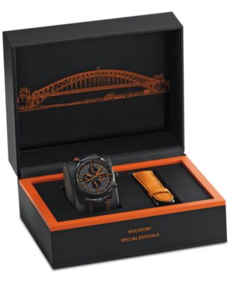 Men's Swiss Automatic Multifort Orange Leather & Interchangeable Black Leather Strap Watch 44mm