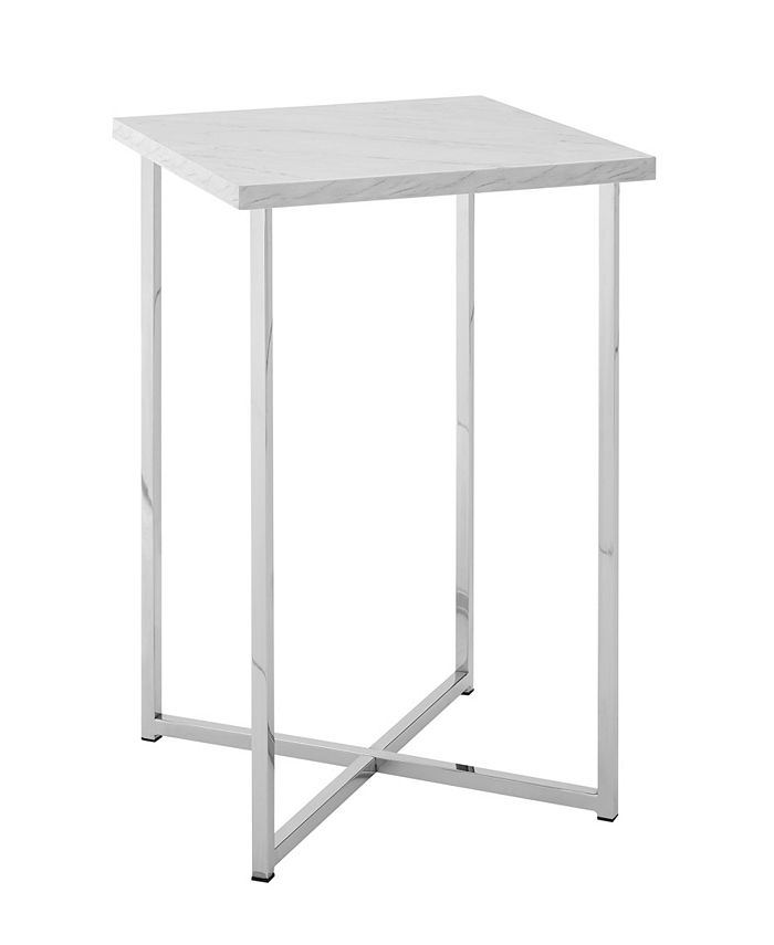 Walker Edison - 16 inch Square Side Table with White Faux Marble Top and Chrome Legs