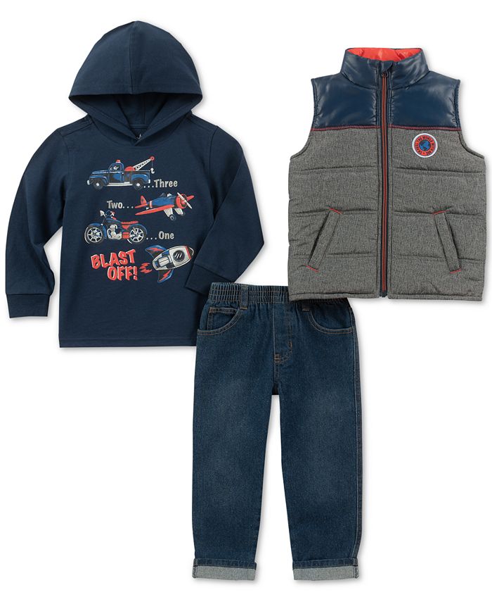 Kids Headquarters Toddler Boys 3-Pc. Blast Off Hoodie, Vest & Jeans Set ...