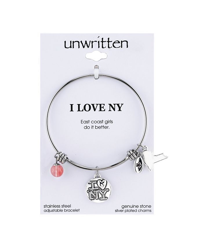 Unwritten - New York Girl Charm and Cherry Quartz (8mm) Bangle Bracelet in Stainless Stee