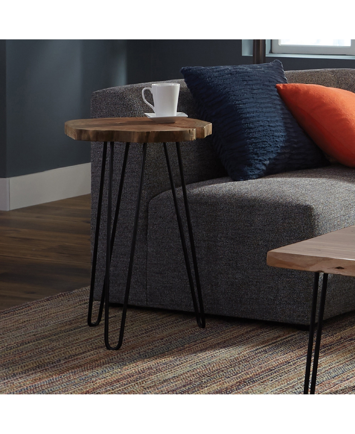 Alaterre Furniture Hairpin Natural Live Edge Wood with Metal Round End Table