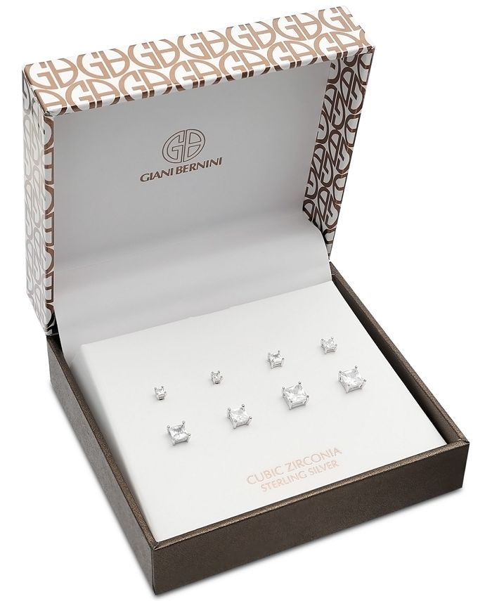 Giani Bernini - 4-Pc. Set Cubic Zirconia Princess Stud Earrings in Sterling Silver,