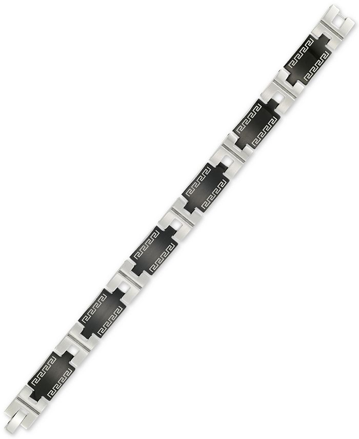 LEGACY for MEN by Simone I. Smith - Greek Key Patter Link Bracelet in Stainless Steel & Black Ion-Plate