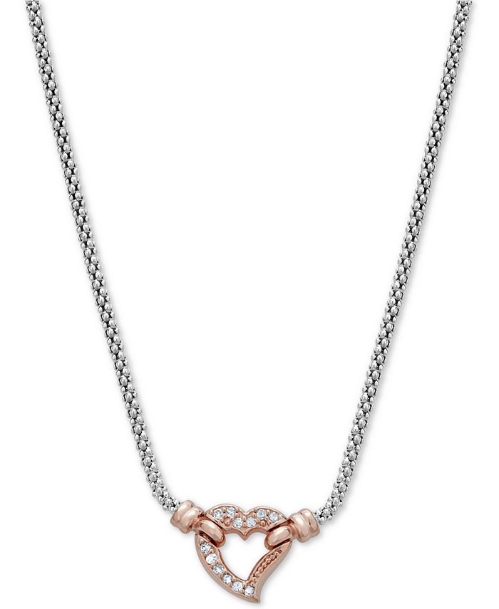 Macy's - Diamond Two-Tone Heart Pendant Necklace (1/8 ct. t.w.) in 14k Rose Gold-Plated Sterling Silver, 16-1/2" + 3" extender