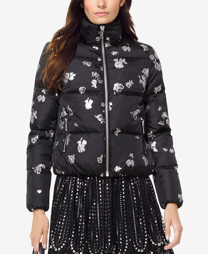 Metallic rose print new arrivals puffer jacket